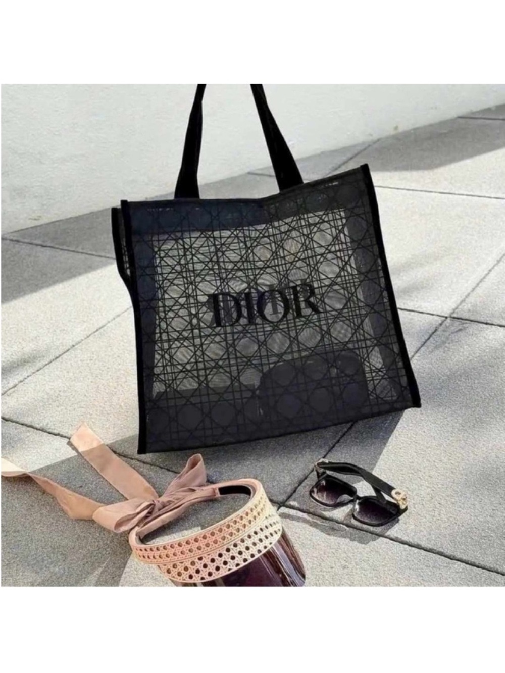 DIOR Black mesh Tote bag purse pattern velvet large cannage shopper LOGO - Picture 2 of 6